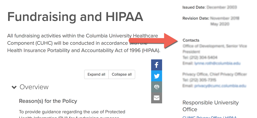 Direct your questions to the policy owner using the details in the policy page's sidebar. Screen shot of sample policy with location of contact details