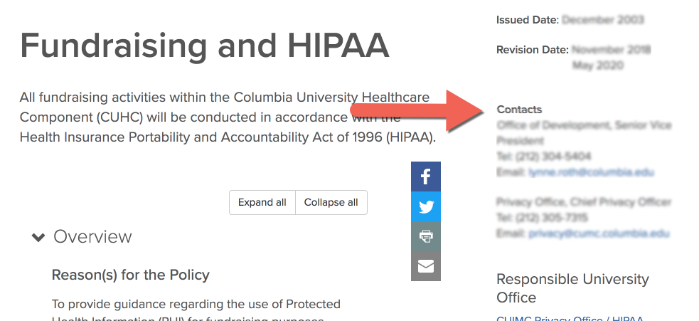 Screen shot of sample policy with location of contact details